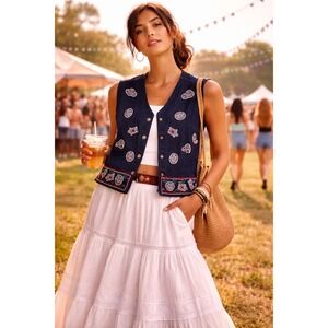 Rhythm Blue Vest Sz S Embroidered Cotton Boho Folk Vintage Western Cowgirl Rodeo